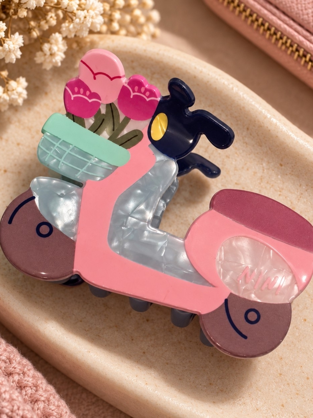 Pink Scooter and Flowers Hair Claw Clip New